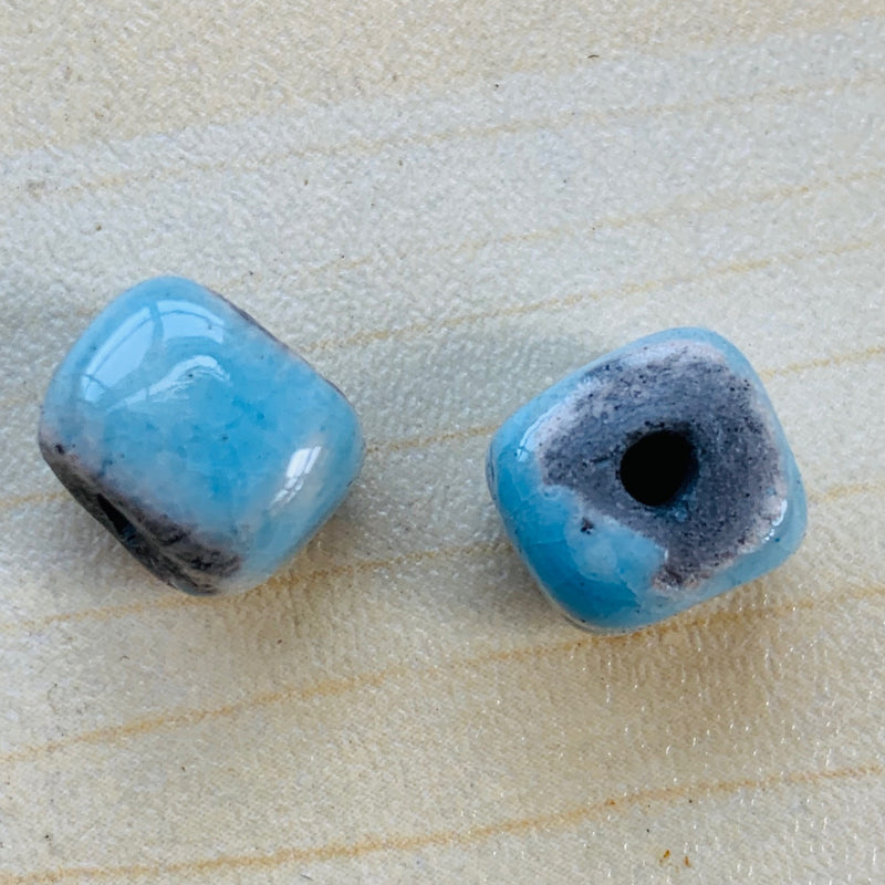 Ceramic Raku Cube Bead by Keith OConnor, Baby Blue 10mm