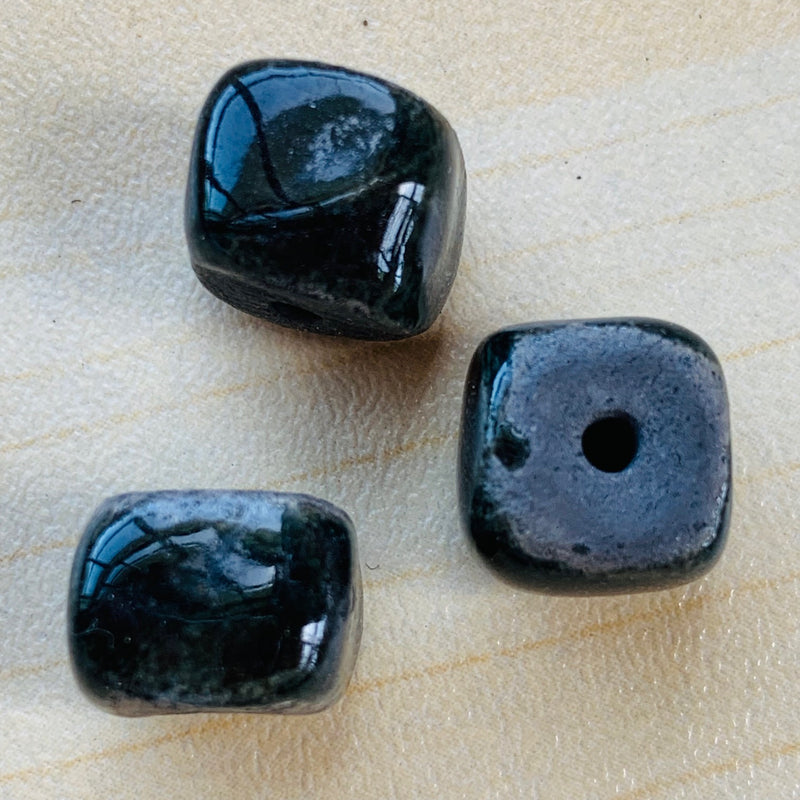 Ceramic Raku Cube Bead by Keith OConnor, Black 10mm