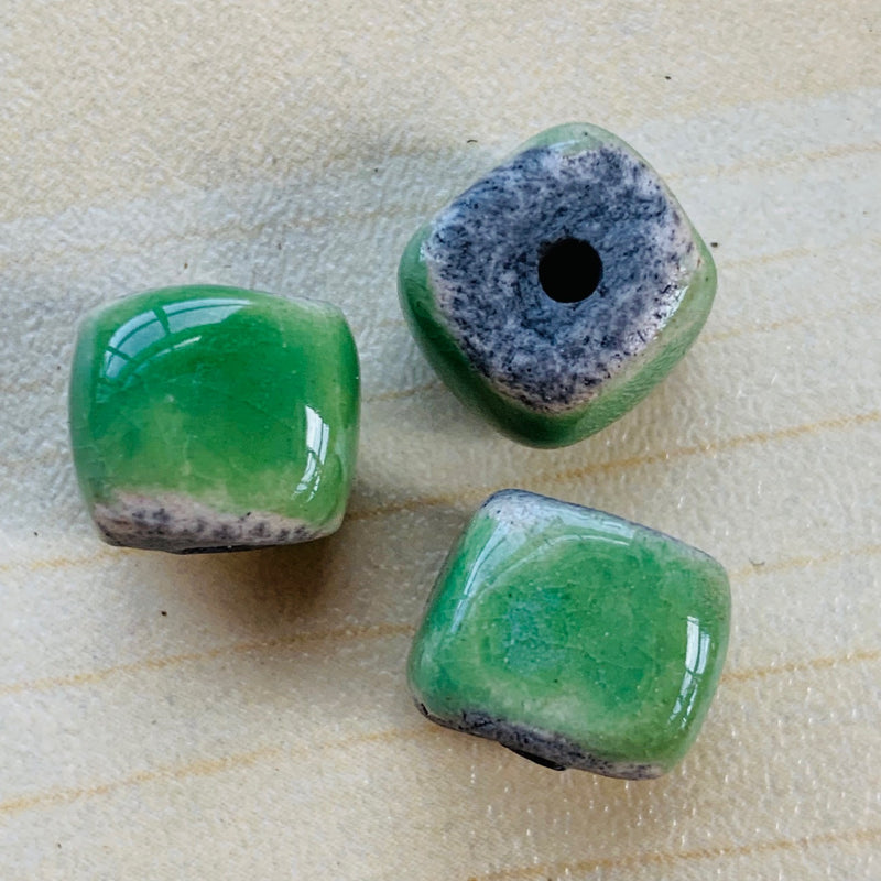 Ceramic Raku Cube Bead by Keith OConnor, Green 10mm