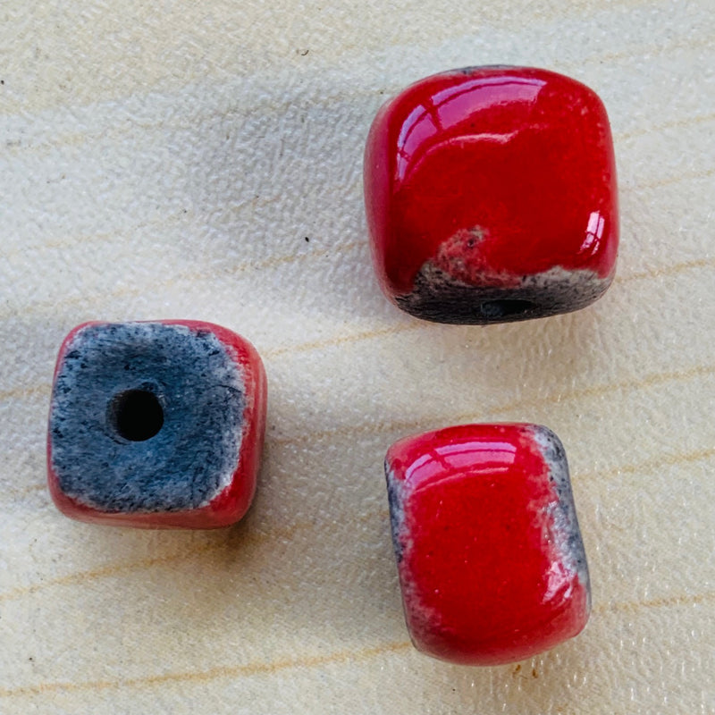 Ceramic Raku Cube Bead by Keith OConnor, Red 10mm