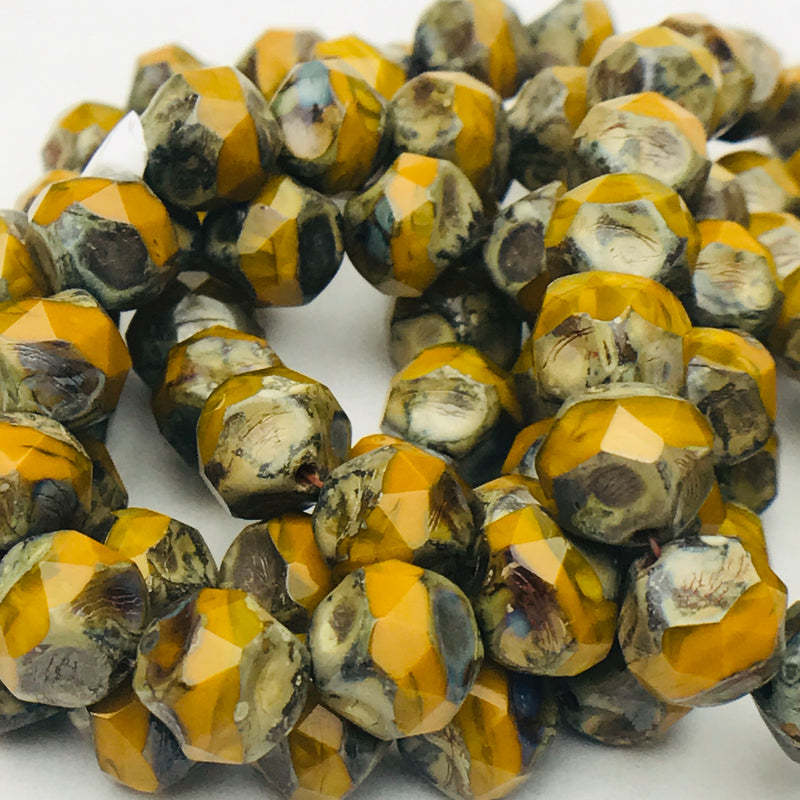 Baroque Czech Glass Beads, Yellow Gold w/ Picasso, 8mm