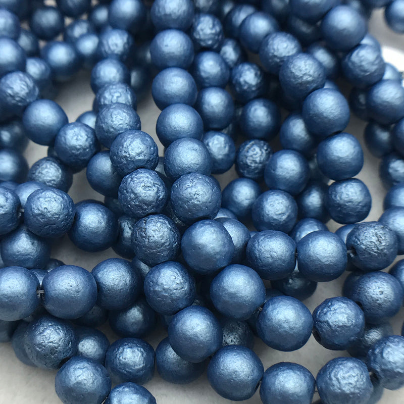 Druk Czech Glass Beads, Metallic Blue with Etched Finish, 6mm