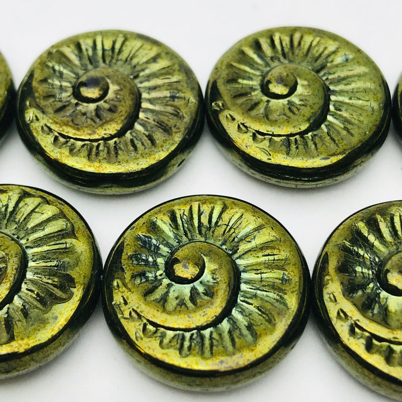 Nautilus Coin Czech Beads, 18mm, Metallic Olivine