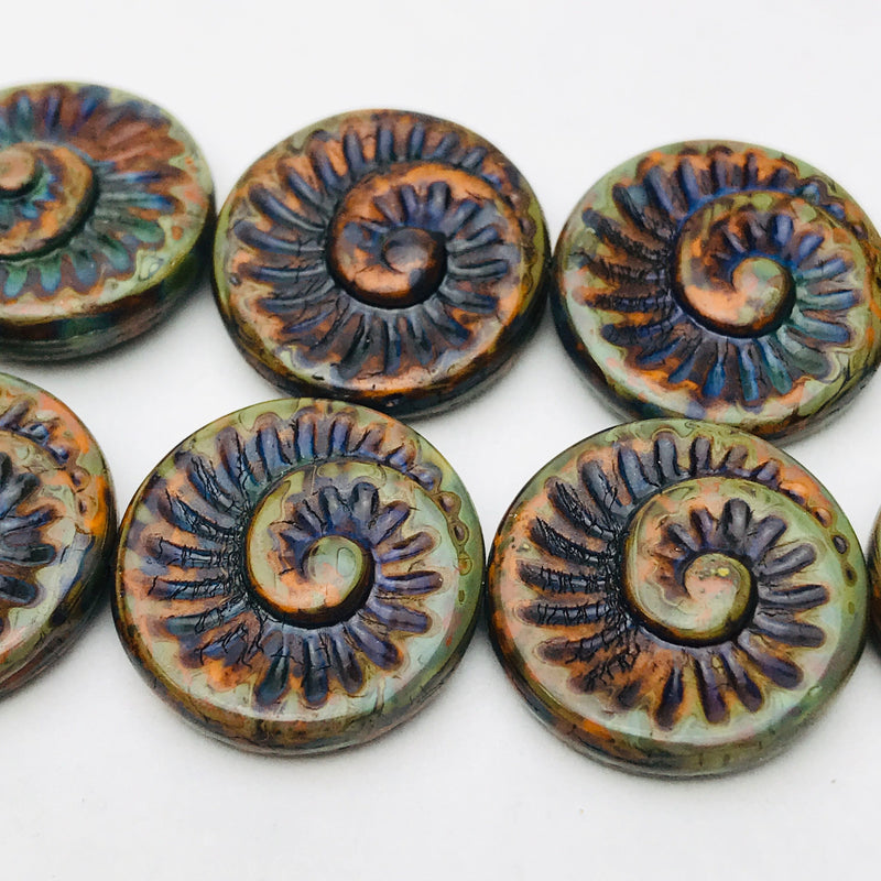 Nautilus Coin Czech Beads, 18mm, Olive Brown Travertine