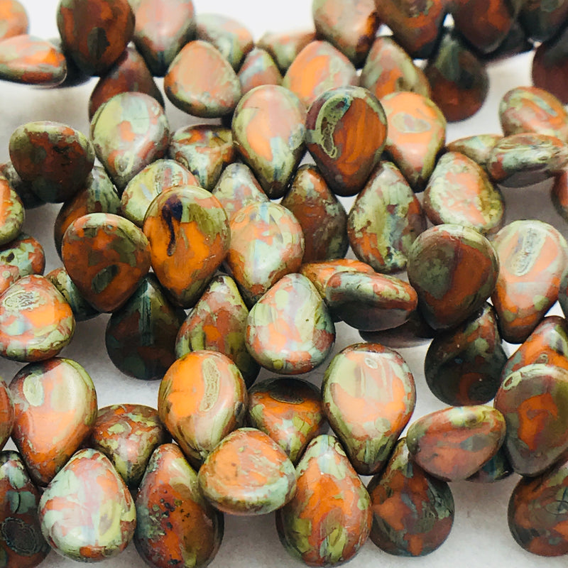 Orange with Green Travertine Pip Czech Glass Bead 7mm