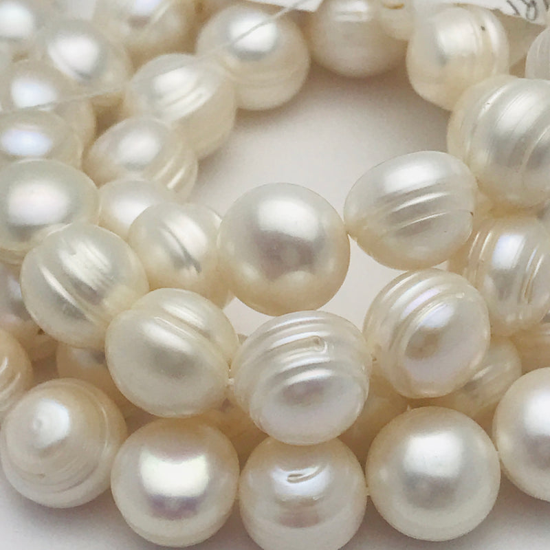 White Ridged Round Cultured Pearls, 12mm