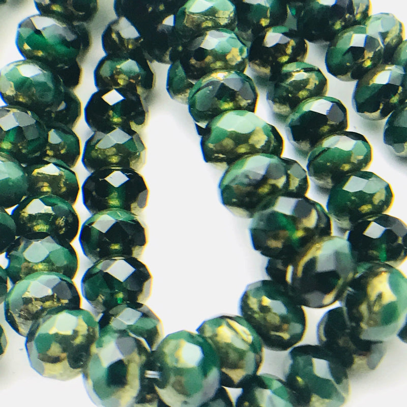 Rondelle Czech Glass Beads Hunter Green with Gold Finish 5x7mm