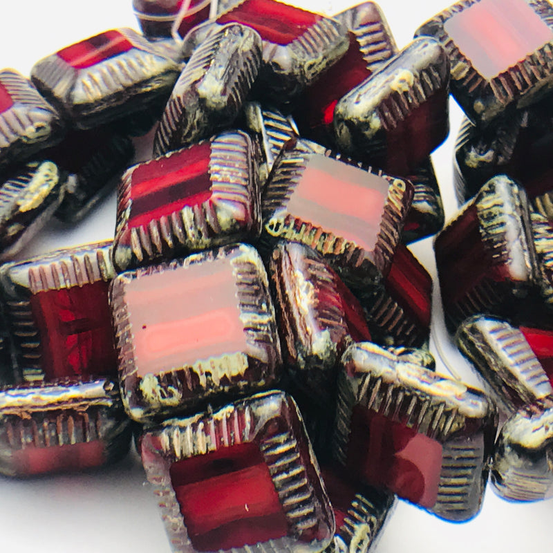 Framed Square Beads Maroon and Ruby Red with Picasso 14mm