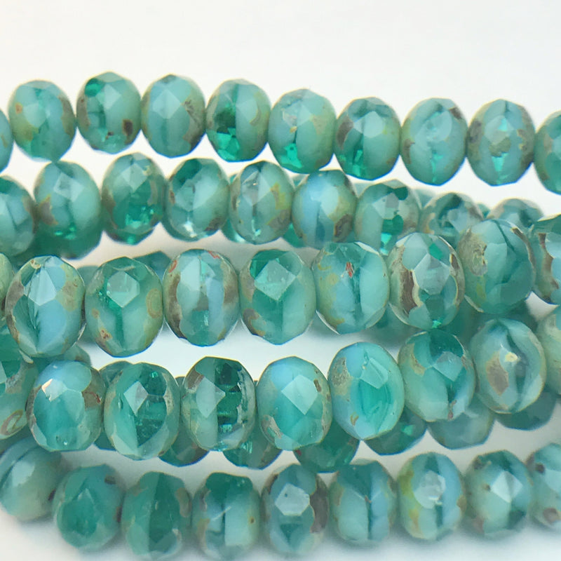 Rondelle Czech Glass Beads Emerald & Sky Blue with Picasso 5x7mm