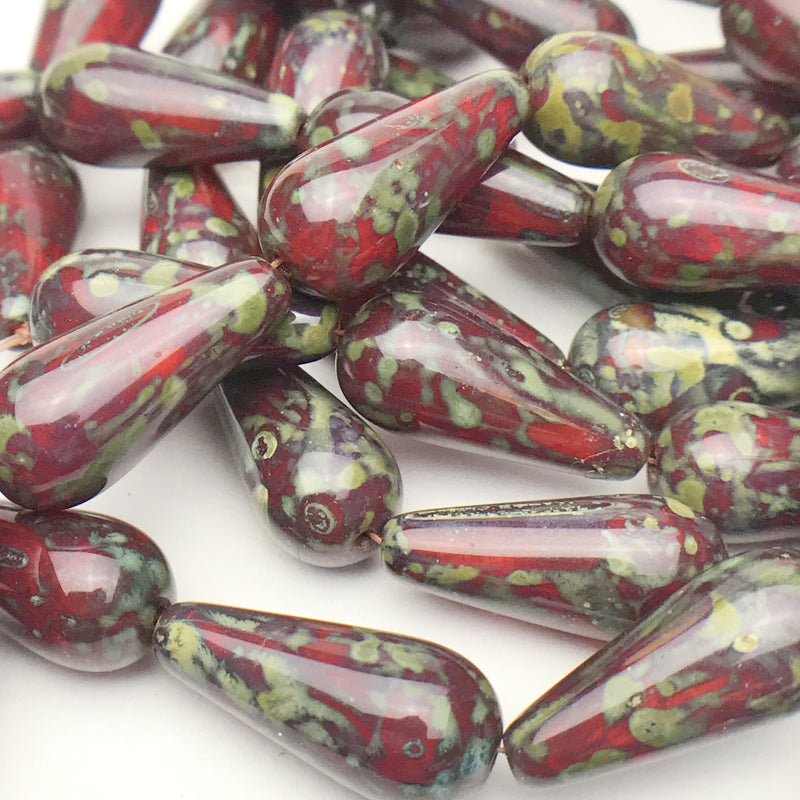 Dangle Drop Czech Beads Ruby Red with Picasso 20x9mm