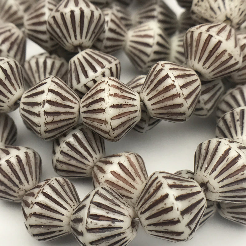 African Bicone Czech Beads 11mm Ivory with Brown Finish