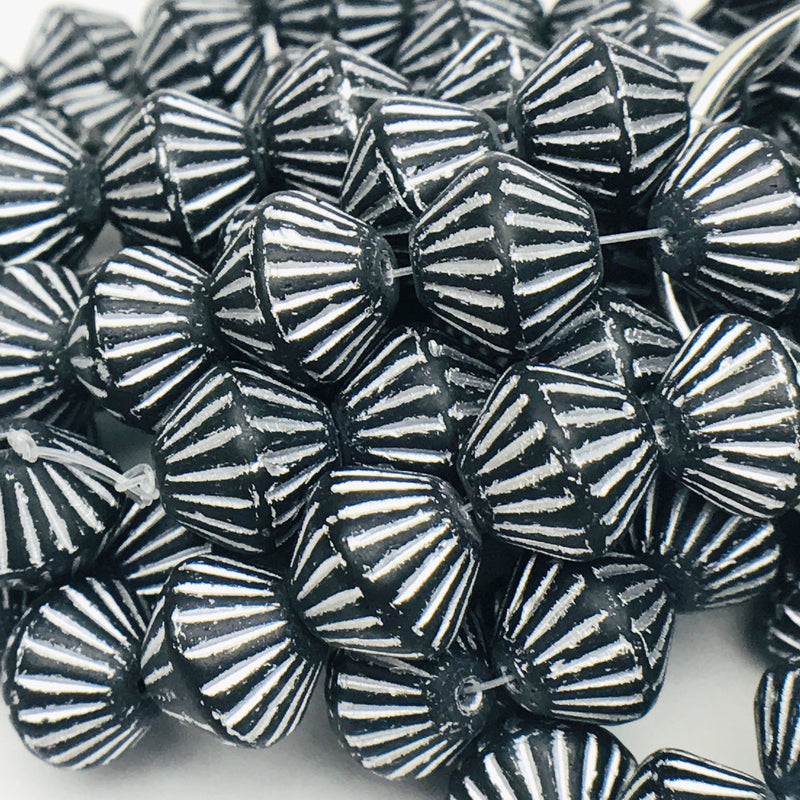 African Bicone Czech Beads 11mm Black with Silver Wash