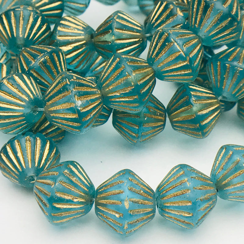 African Bicone Czech Beads 11mm Sky Blue with Gold Wash