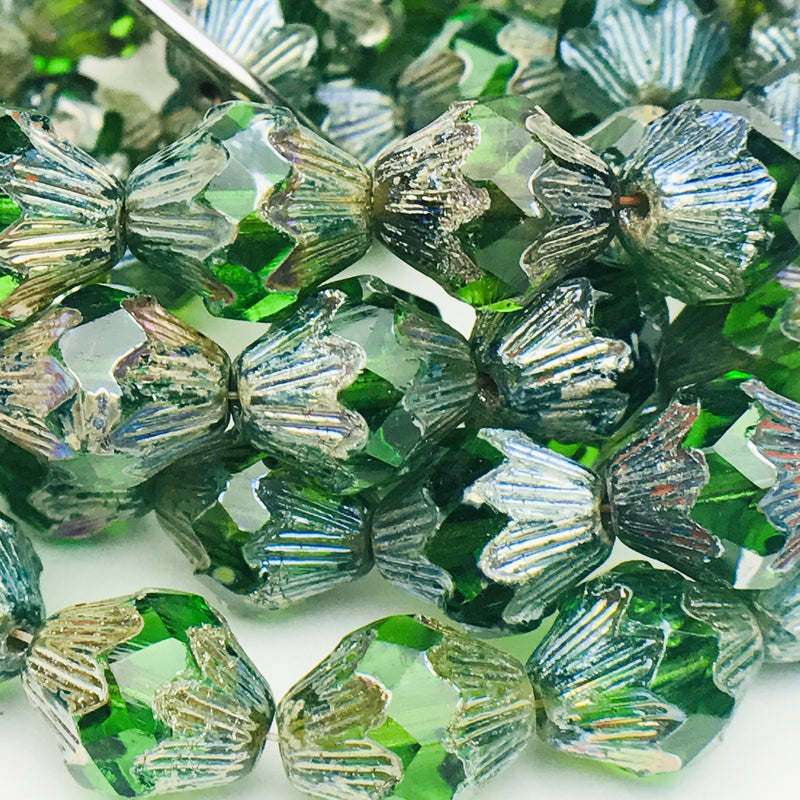 Baroque Bicone Czech Beads Kelly Green with Picasso Finish 13x11mm