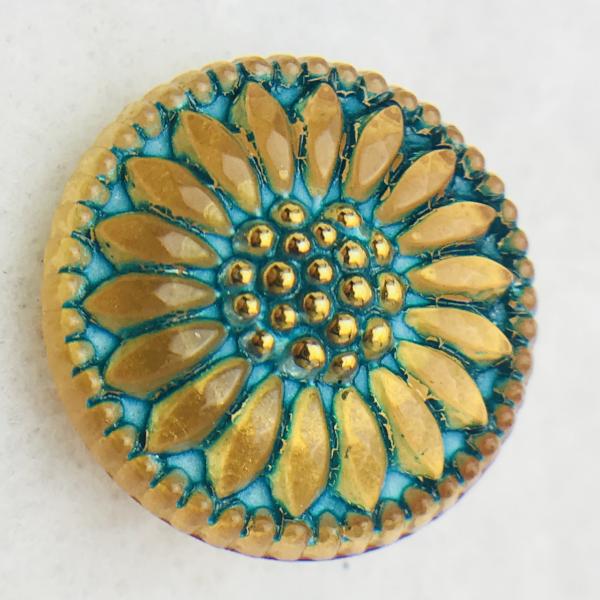 Daisy Czech Button 18mm Gold & Turquoise