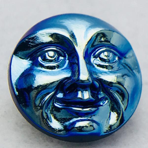 Moon Face Czech Button 18mm Metallic Blue