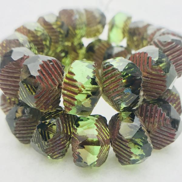 Wavy Rondelle Czech Glass beads in Olive Green Picasso 