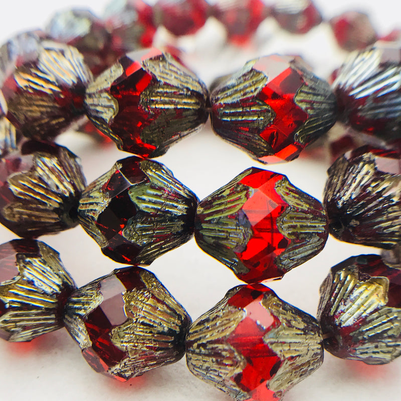 Baroque Bicone Czech Beads 10x11mm Ruby Red with Picasso