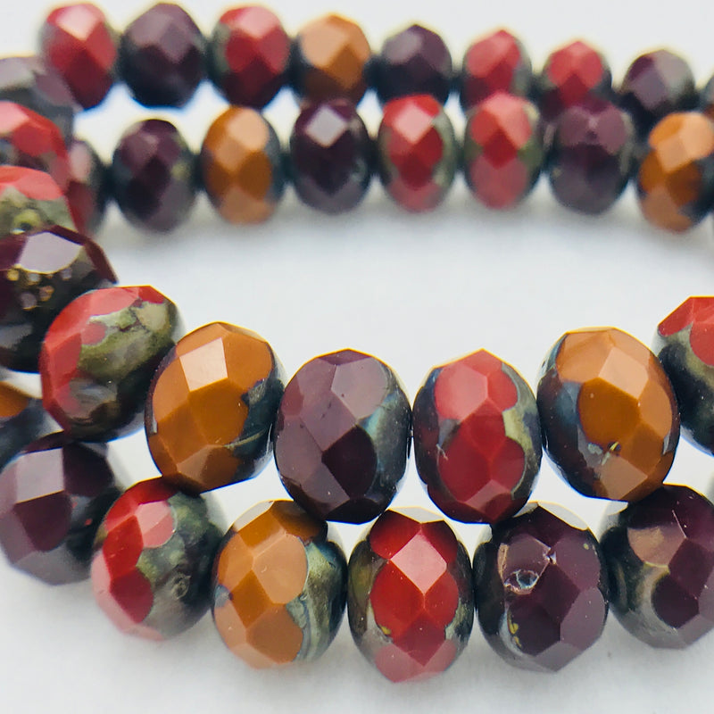 Rondelle Czech Glass Beads 7x5mm Red, Orange, Brown Mix