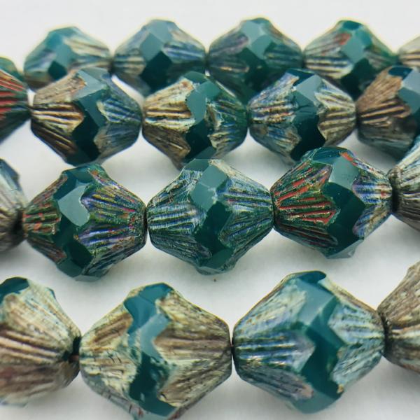 Baroque Bicone Czech Glass Beads  13x11mm Opal Emerald with Picasso finish