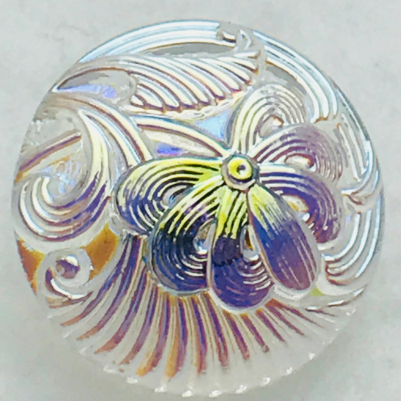 Pincushion Flower Czech Button  18mm Irredescent White
