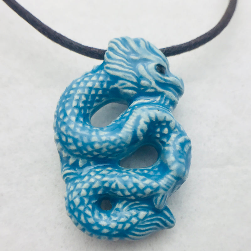 Chinese Dragon Ceramic Pendant, Blue Raku
