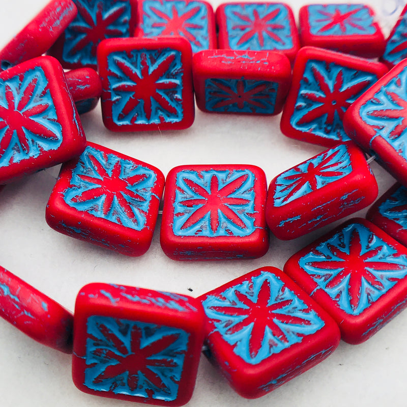 Square Compass 12x12mm Red & Turquoise