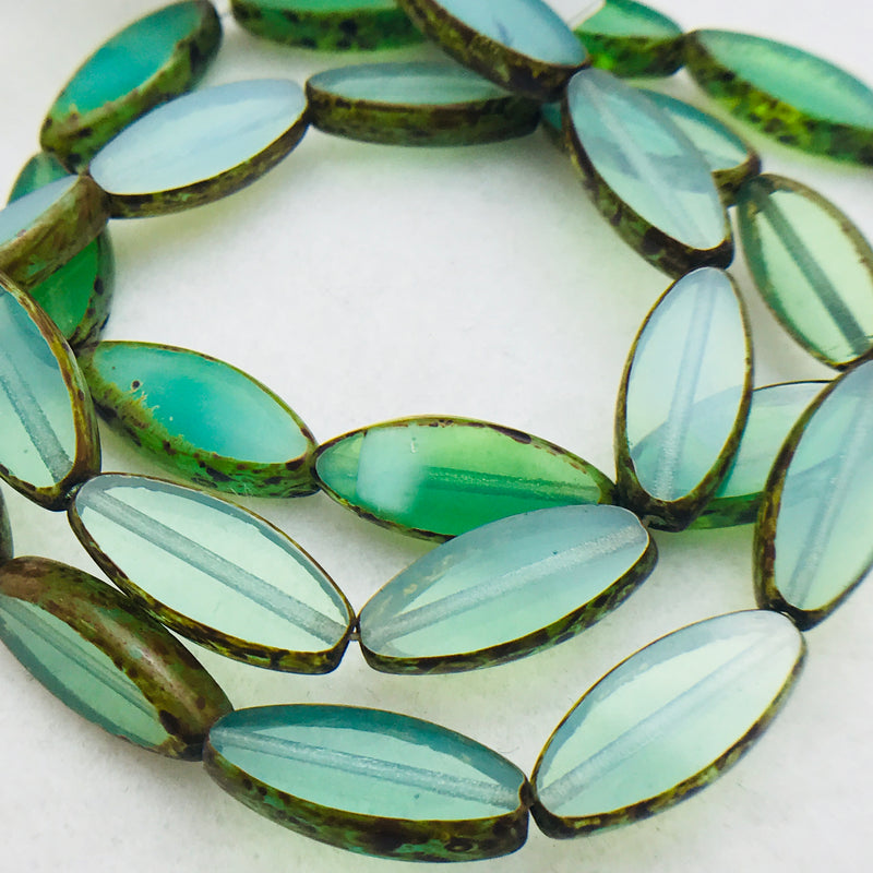thumbnail image 2 of 18x7mm Czech Glass Capri Blue Picasso Notched Spindle Marquise Beads – Fire Polished 2 of 6