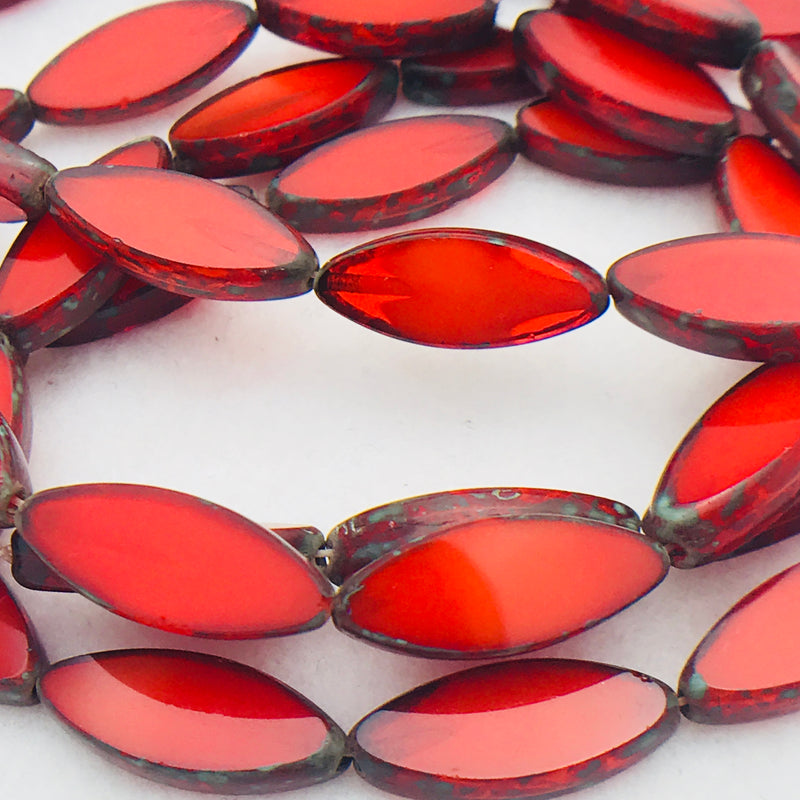 Spindle Table Cut Czech Glass Beads, Red Orange, 16x6mm