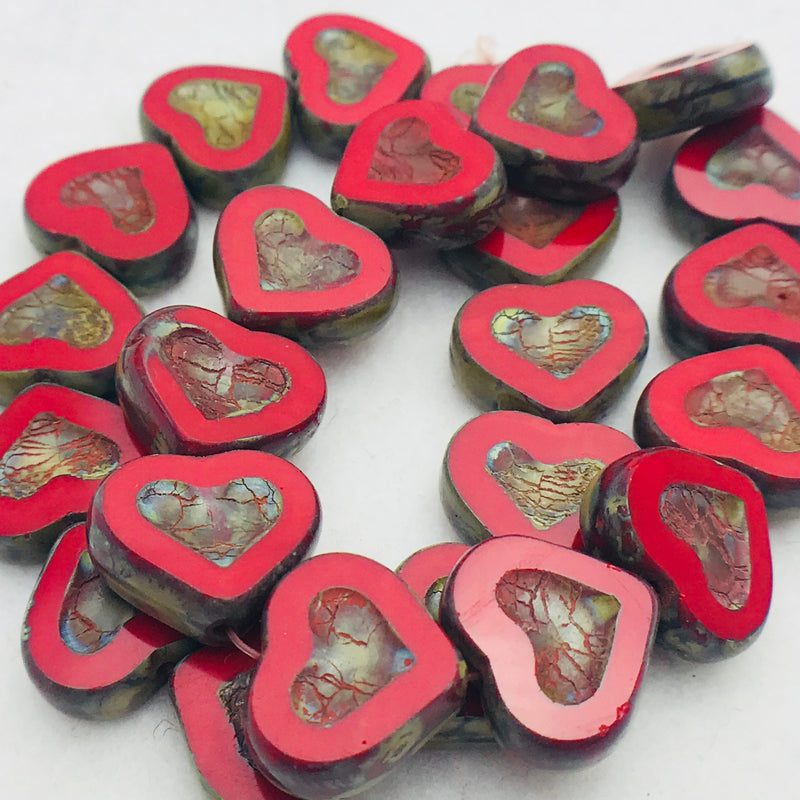 Heart Table Cut Czech Glass Beads, Red Picasso, 14x12mm