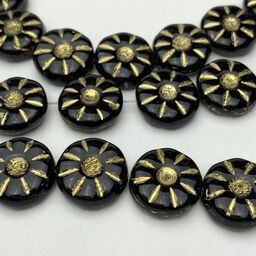 Daisy Coin Table Cut Czech Beads, 12mm, Black w/ Gold Wash