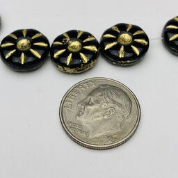 Daisy Coin Table Cut Czech Beads, 12mm, Black w/ Gold Wash