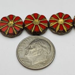Daisy Coin Table Cut Czech Beads, 12mm, Red w/ Gold Wash