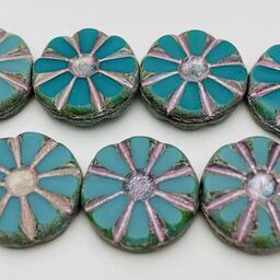 Daisy Coin Table Cut Czech Beads, 12mm, Teal w/ Silver Wash