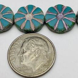 Daisy Coin Table Cut Czech Beads, 12mm, Teal w/ Silver Wash