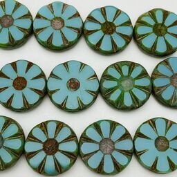 Daisy Coin Table Cut Czech Beads, 12mm, Turquoise w/ Picasso Finish