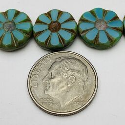 Daisy Coin Table Cut Czech Beads, 12mm, Turquoise w/ Picasso Finish