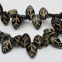 Leaf Czech Glass Beads, 8x12mm, Black Gold Lined