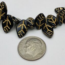 Leaf Czech Glass Beads, 8x12mm, Black Gold Lined