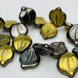 Leaf Czech Glass Beads, 12x14mm, Gold Blue Hematite