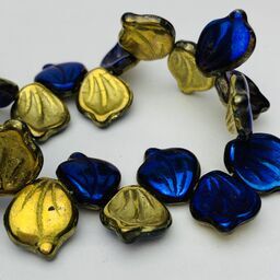 Leaf Czech Glass Beads, 12x14mm, Gold Blue Iris