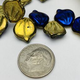 Leaf Czech Glass Beads, 12x14mm, Gold Blue Iris