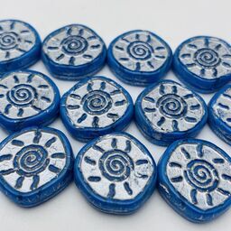 Sunburst Coin Table Cut Czech Beads, 15mm, Cornflower w/ Silver Wash