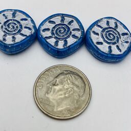 Sunburst Coin Table Cut Czech Beads, 15mm, Cornflower w/ Silver Wash