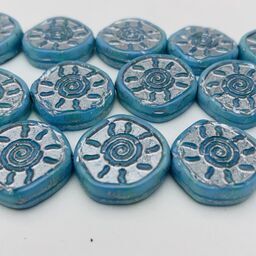 Sunburst Coin Table Cut Czech Beads, 15mm, Sky Blue w/ Silver Wash