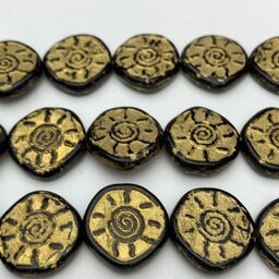 Sunburst Coin Table Cut Czech Beads, 15mm, Black w/ Gold Wash