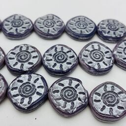 Sunburst Coin Table Cut Czech Beads, 15mm, Lilac w/ Silver Wash