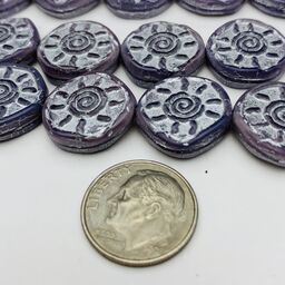 Sunburst Coin Table Cut Czech Beads, 15mm, Lilac w/ Silver Wash