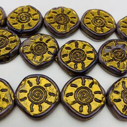 Sunburst Coin Table Cut Czech Beads, 15mm, Lilac w/ Gold Wash