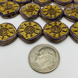 Sunburst Coin Table Cut Czech Beads, 15mm, Lilac w/ Gold Wash